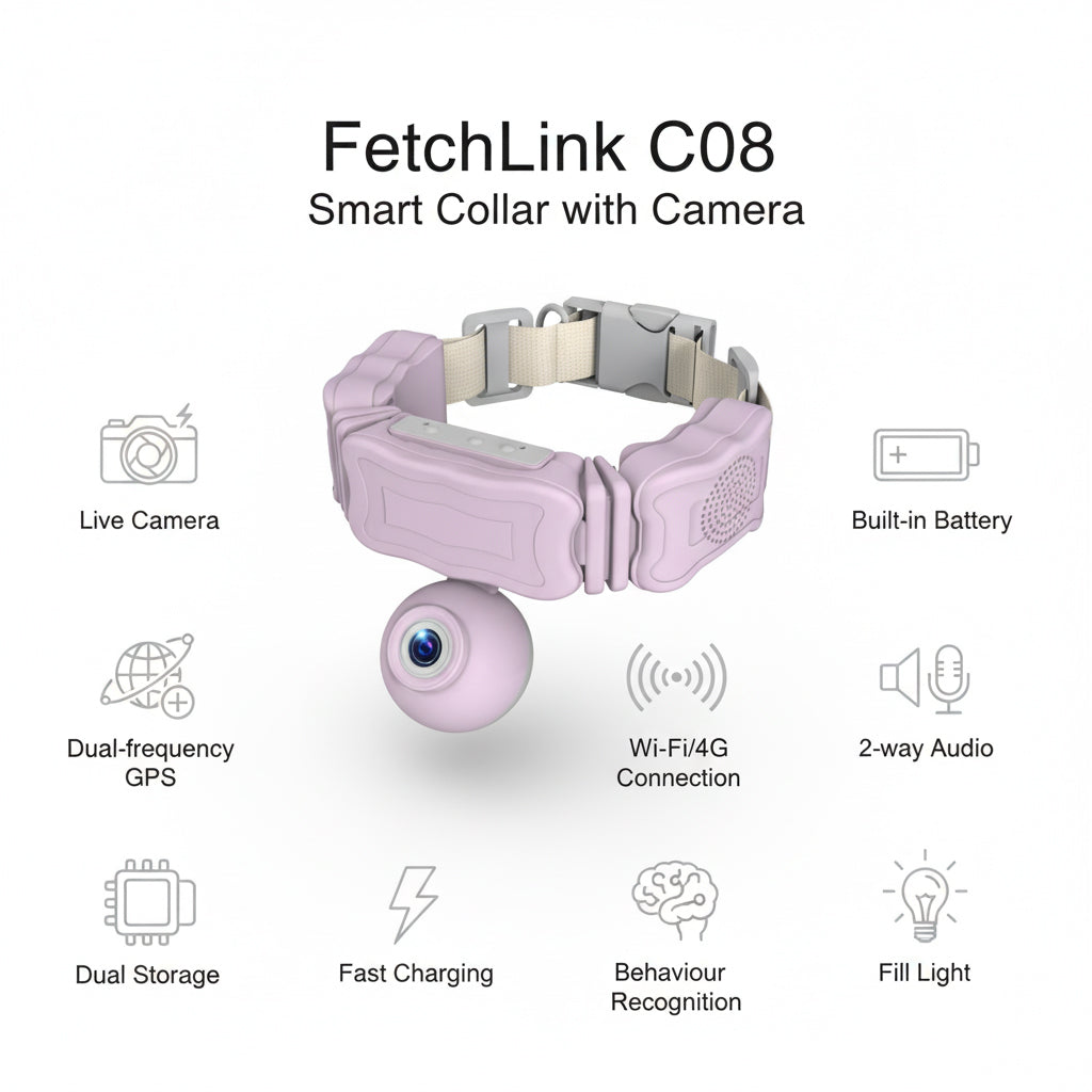 FetchLink C08 Smart Pet Collar with GPS E-fencing 1080P FHD Camera