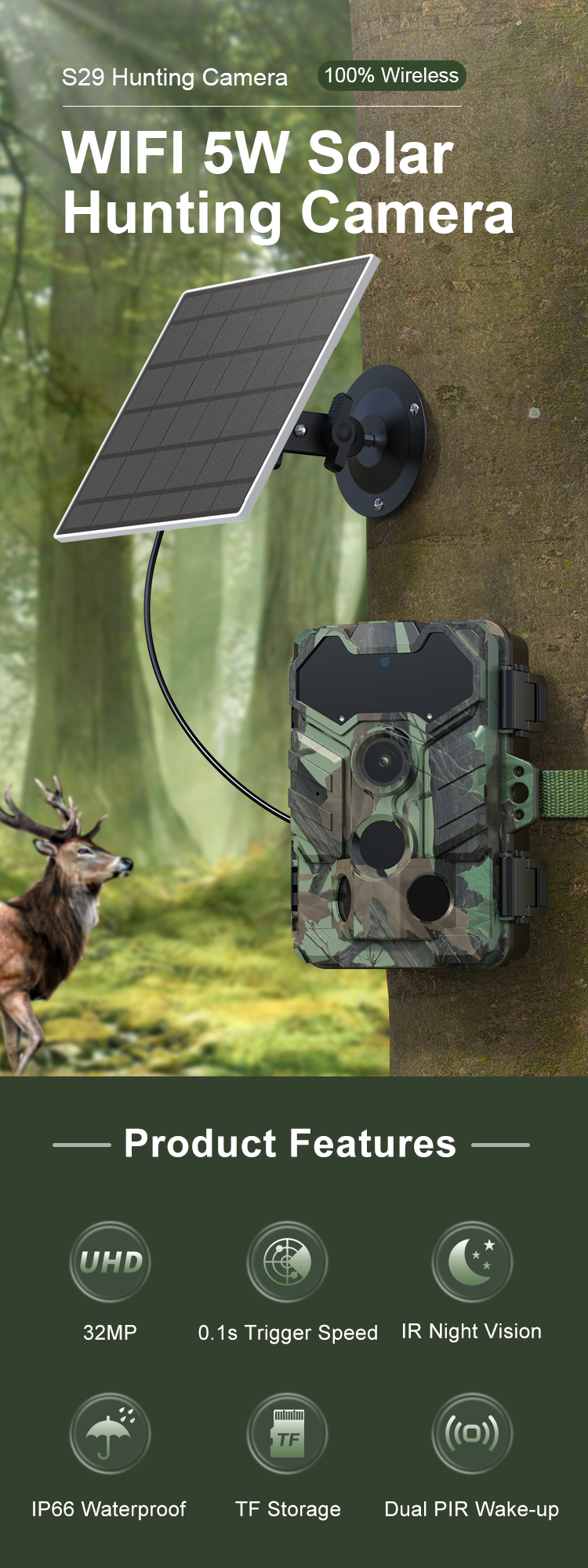 S29-D IP66 Wireless Solar Trail Camera Time Lapse Wildlife Monitoring Hunting Camera